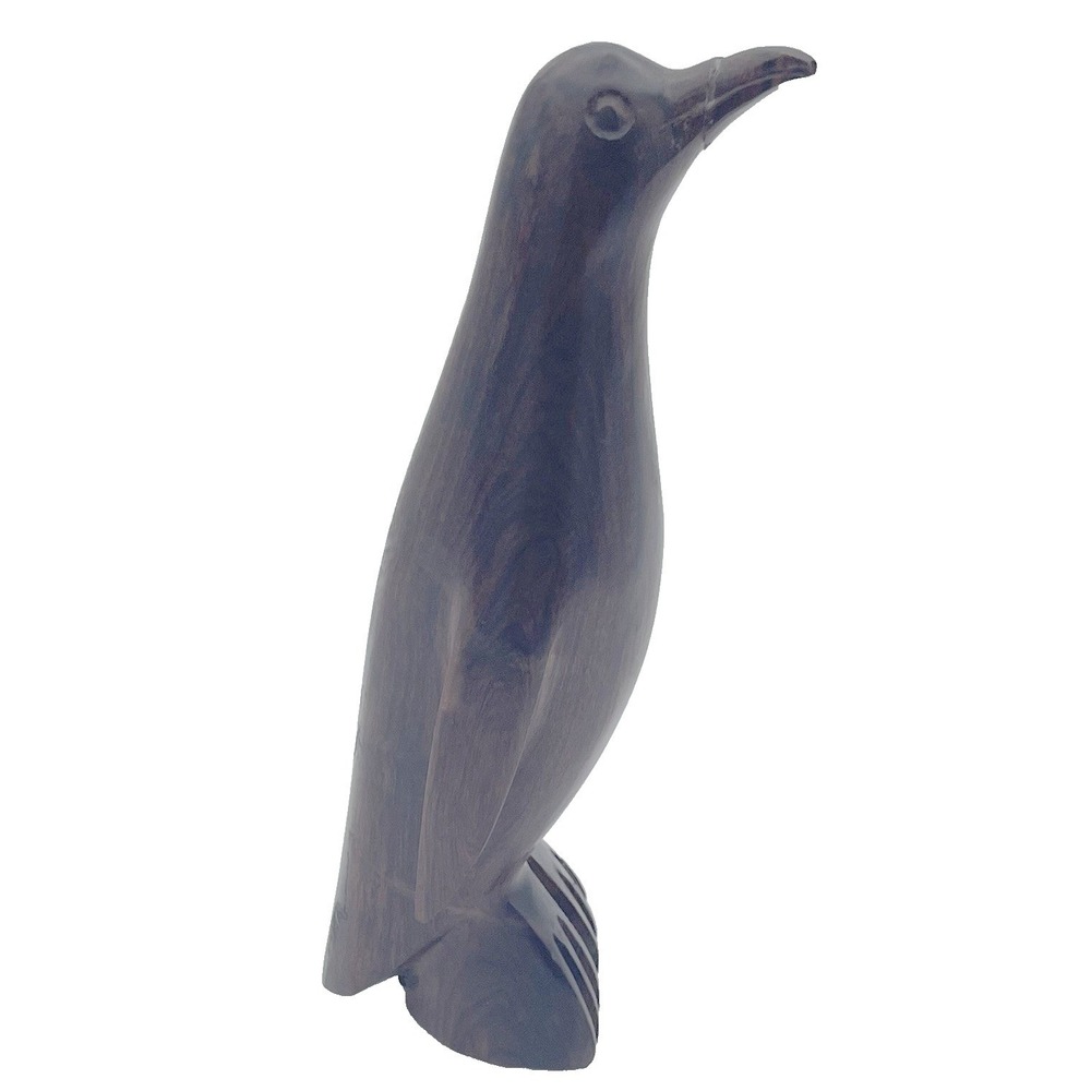 Hand-Carved Wooden Penguin Figurine Dark Wood Sculpture Rustic Decor‎